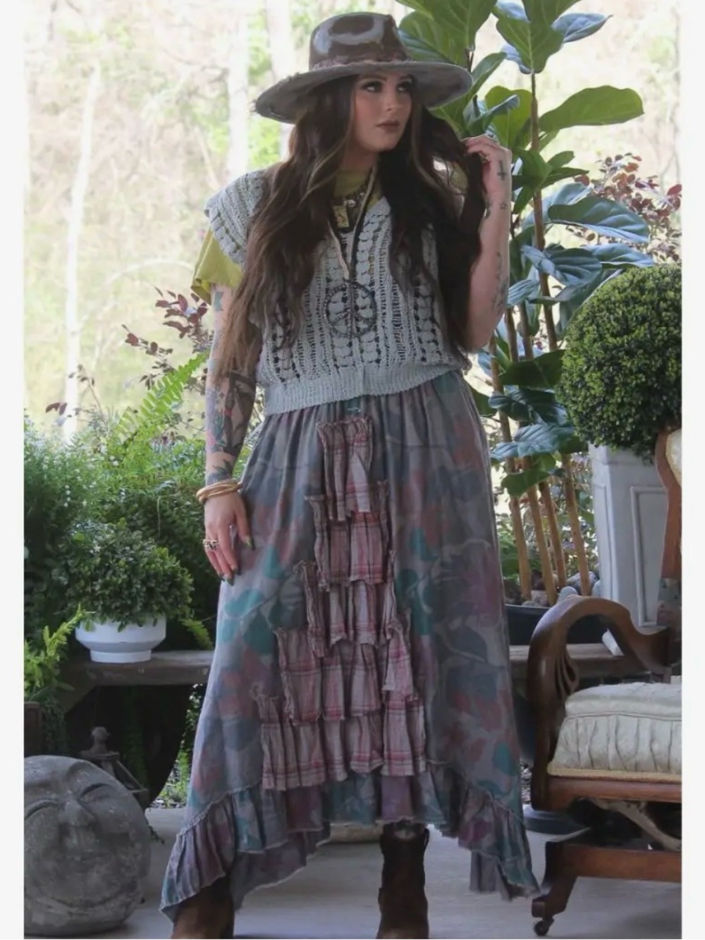 Jaded Gypsy Bohemian field of dreams Tiered Ruffle Midi Skirt in Multicolor - Picture 2 of 3
